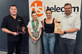 DSL Telecom directors standing with Kelly Payton, Zoho Partner Account Manager